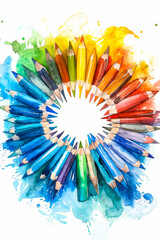 Colorful pencil drawing with watercolor splashes.