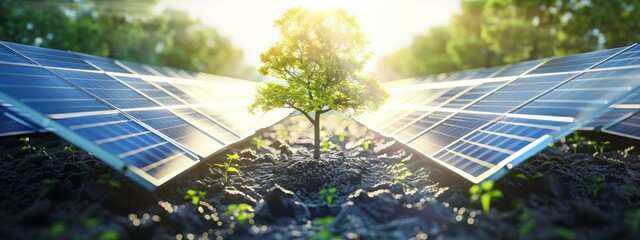 young, vibrant tree sprouting from center of field of solar panels, symbolizing growth of renewable energy and sustainable future with zero carbon emissions. - obrazy, fototapety, plakaty