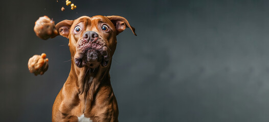 dog is eating a bunch of food and has a surprised look on its face. dog is surrounded by food, with some of it falling out of its mouth. ultra-humorous and dynamic photo of a dog trying to catch food - Powered by Adobe