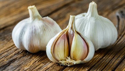 few pieces of garlic on wooden background