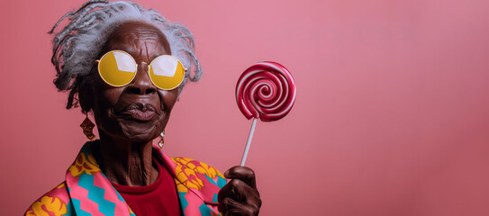 woman in sunglasses holding a red lollipop. The image has a fun and playful mood. old black woman wearing sun galsses in a photo studio in front of a dusty pink background holding a giant candy stick