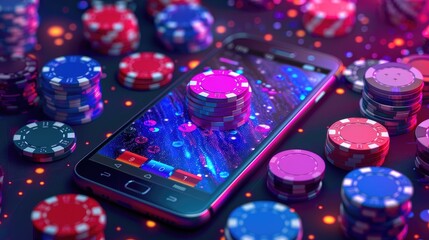 Colorful casino chips with smartphone on table
