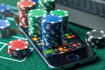 Fototapeta na wymiar An array of casino chips stacked next to a smartphone, representing online gambling and mobile betting