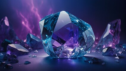 A spectacular large blue diamond takes center stage surrounded by various crystal fragments on a dark background