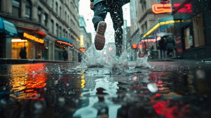 Runner leaping over a puddle on a rain-soaked street, reflections of neon signs shimmering in the water