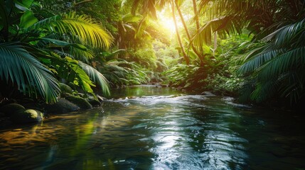 Serene tropical forest river landscape