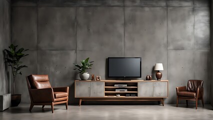 Living room interior have cabinet for tv and leather armchair in cement room with concrete wall