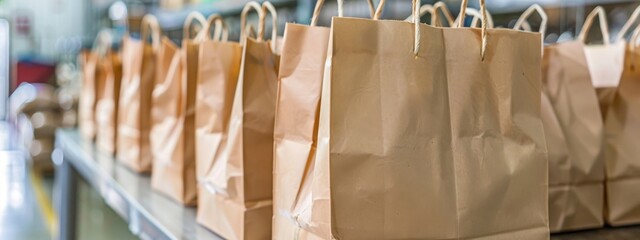 Row of Paper Shopping Bags on Conveyor: Multiple paper shopping bags lined up on a conveyor belt, representing efficient checkout and consumerism.