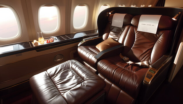 Sumptuous brown leather airplane seats with plush padding and adjustable features that cater to your every need