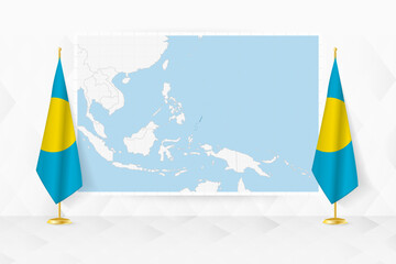 Map of Palau and flags of Palau on flag stand.