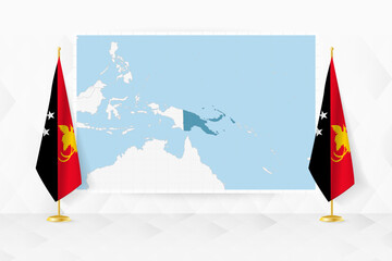 Map of Papua New Guinea and flags of Papua New Guinea on flag stand. - 782033138