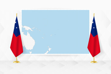 Map of Samoa and flags of Samoa on flag stand. - 782033139