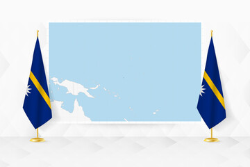 Map of Nauru and flags of Nauru on flag stand. - 782033145