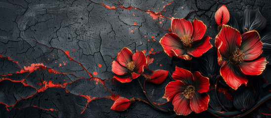 Vivid red flowers bloom against a dark, cracked background, subtly illuminated, symbolizing rebirth amidst decay. - obrazy, fototapety, plakaty