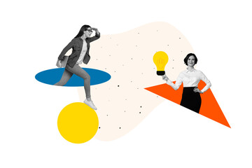 Creative trend collage of entrepreneur female run develop electric bulb employee professional expert weird freak bizarre unusual fantasy