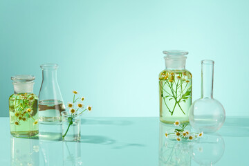 Daisy Flower extract is contained in transparent bottle with some flower inside. Decorated by...