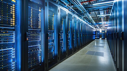 A high-speed data center with rows of servers and networking equipment, illustrating cloud computing and data storage technology. Generative AI.