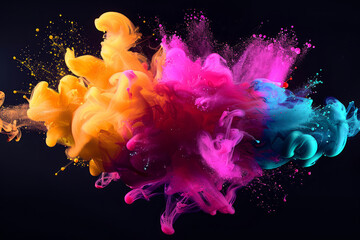 A colorful explosion of smoke, fire. The colors creating a sense of energy. smoke to be dancing and swirling around each other. cloud of smoke with some paint splatter coming out of it, neon colors