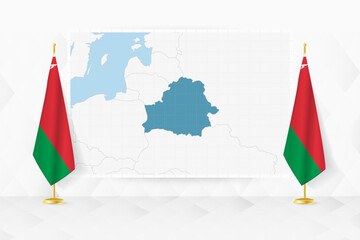 Map of Belarus and flags of Belarus on flag stand.