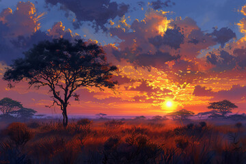 Explore the silent symphony of the savanna at dawn, as the first rays of sunlight kiss the horizon,...