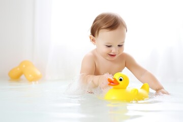 Baby in bath of water with yellow toy duck, smiling