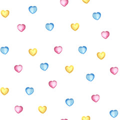 Seamless pattern of small cute colorful hearts Watercolor hand drawn illustration for design, decorating background, kids birthday and party, textile making, decorating nursery, printing on packaging