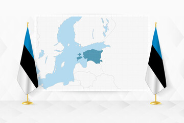Map of Estonia and flags of Estonia on flag stand.