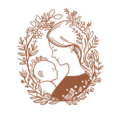 A mother holding a baby in a flowery design