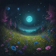 Landscape at Night with Flowers and Planets