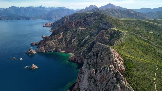 Aerial shot of the Genoese tower at Capo Rosso in Corsica with a 4K drone