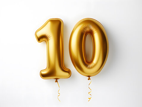 Number 10  golden balloon isolated on white