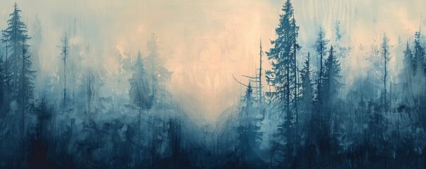 Subtle color scheme enhances the peaceful ambiance of a pine forest in this abstract backdrop. - obrazy, fototapety, plakaty