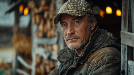 Obraz premium Mature farmer posing in a cowshed.