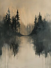 Muted tones capture the peaceful essence of a pine forest in this captivating abstract scene.