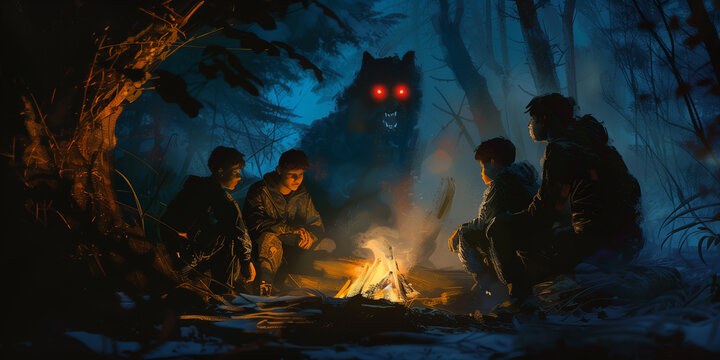 Young school boys telling scary campfire stories with a werewolf watching from the dark woods. Summer camp scary dogman wolf story.
