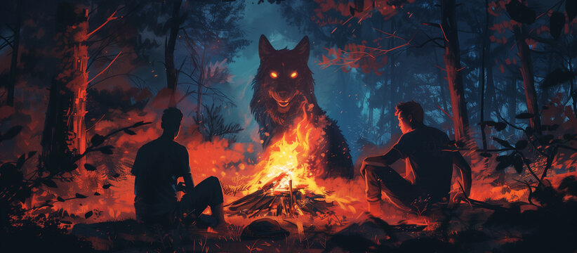 Young school boys telling scary campfire stories with a werewolf watching from the dark woods. Summer camp scary dogman wolf story.