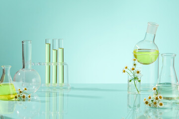 Lab theme with a set of laboratory instruments such as test tube, boiling flask, beaker, erlenmeyer...