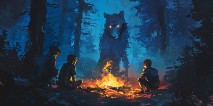 Young school boys telling scary campfire stories with a werewolf watching from the dark woods. Summer camp scary dogman wolf story.