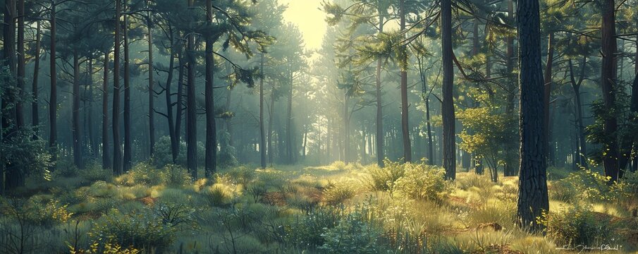 Tranquil pine forest setting rendered in muted tones, perfect for adding depth to your designs.