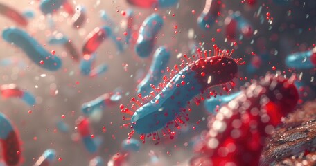 An abstract representation of a virus with dynamic surface spikes, rendered in 3D to emphasize the structure and form of viral particles. - obrazy, fototapety, plakaty