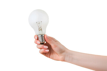 Woman hand holding a light bulb isolated on a cut out PNG transparent background. Concept of having an idea or something new