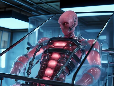 Cybernetic Extraterrestrial Experiment in Futuristic Science Laboratory with Cyborg Wired to Vacuum Tubes