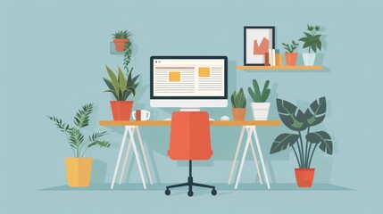 Fototapeta premium Home Office Workspace with Computer and Indoor Plants Decoration 