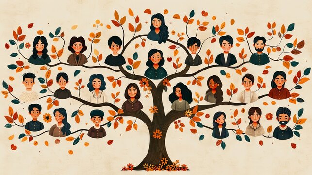 Illustration of Family Tree with Portraits in Autumn Leaves
