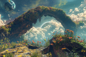 Generate a surreal landscape where the celestial bridge is depicted as a gateway between worlds, with asteroid flowers serving as symbols of hope and renewal 