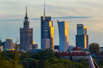 Aerial panorama of Warsaw city during sunset. - 782037704