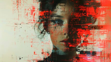 Woman's Portrait with Red Glitch Art Distortion
