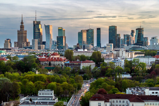 Aerial panorama of Warsaw city during sunset.
