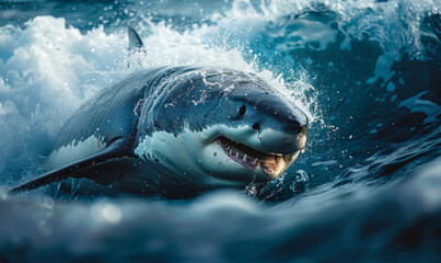 Action sports photo of a very big Great White Shark