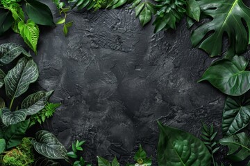 Dark Green Tropical Leaves Mockup on Black Background, Leave Frame with Copy Space Top View